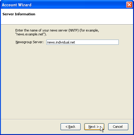 Account wizard: Server Information